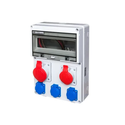 Cuadro de distribución RSE-04 IP54 - ventana de inspección de 12 módulos - equipado con cableado para la conexión de protecciones - con tomas: 1x16A 3P+N+Z 400V~ 1x32A 3P+N+Z 400V~ 3x16A 2P+Z 250V~