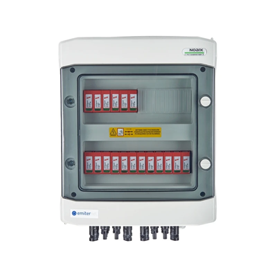 Cuadro hermético de conexión CC EMITER IP65 con descargador de sobretensiones CC Dehn 1000V tipo 2 6x PV string 6x MPPT