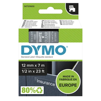 D1 tape - 12mm x 7m, white / transparent