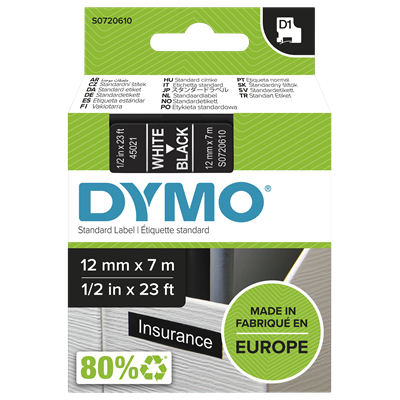 D1 tape - 12mm x 7m, white/black