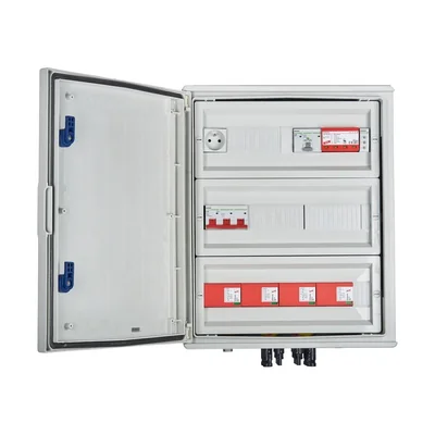 DCAC hermetická IP66 EMITER připojovací deska s DC Dehn 1000V svodič přepětí typ 1+2 4 x PV string 4 x MPPT AC Dehn svodič přepětí typ 1+2 100A 3-F FR 100A