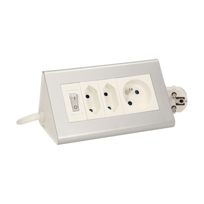 Desk extension cord with switch, 2x2.5A 2P/II, 1x16A 2P+Z silver