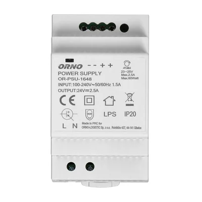 DIN rail power supply 24VDC, 2.5A, 60W, 3 modules wide