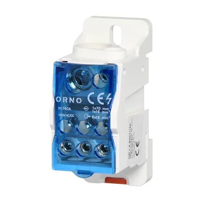 Distribution block 160A, input terminal 1x16 and 1x70mm2, output terminals 6x16mm2, convenient mounting on a DIN rail