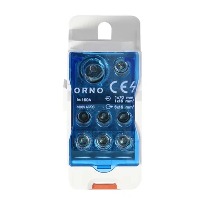Distribution block 160A, input terminal 1x16 and 1x70mm2, output terminals 6x16mm2, convenient mounting on a DIN rail