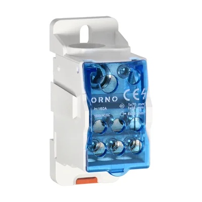 Distribution block 160A, input terminal 1x16 and 1x70mm2, output terminals 6x16mm2, convenient mounting on a DIN rail