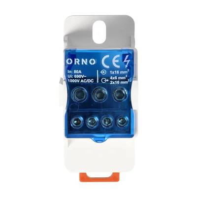 Distribution block 80A, input terminal 16mm2, output terminals 4x6mm2 2x16mm2, convenient mounting on a DIN rail