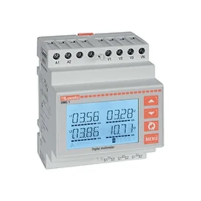 DMG110 Digital Meter. Backlit LCD display with icons, built-in RS-485 port, 100-240VAC/115-250VDC auxiliary power supply. Multilingual menu: Italian, English, French, German, Spanish, and Portuguese