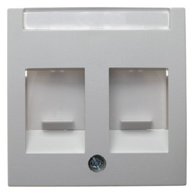 Double front plate with sliders protecting against dust with a description field, glossy white