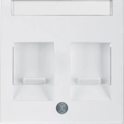 Double front plate with sliders protecting against dust with a description field, glossy white