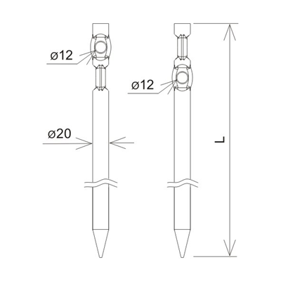 Double manche martelé pour cordes L=40 cm, forgé, lisse, galvanisé à chaud