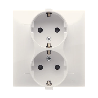 Double Schuko socket with shutters 16A, 250V, screw terminals, cream