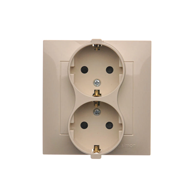 Double Schuko socket with shutters 16A, 250V, screw terminals, cream