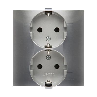 Double Schuko socket with shutters 16A, 250V, screw terminals, silver (metallic)