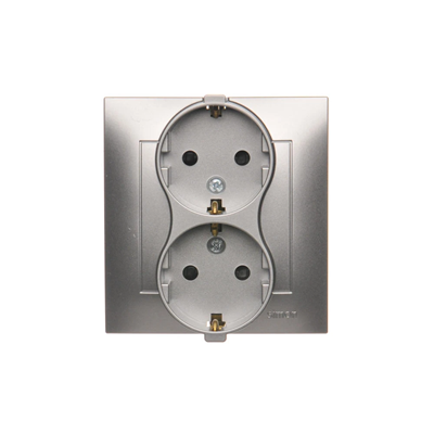 Double Schuko socket with shutters 16A, 250V, screw terminals, silver (metallic)