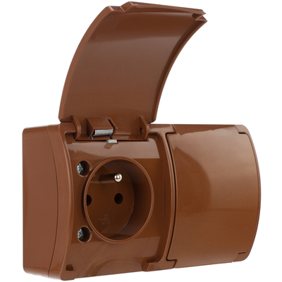 Double socket-outlet with earthing (2x2P+E) n/t IP44 brown with a flap brown, Koala