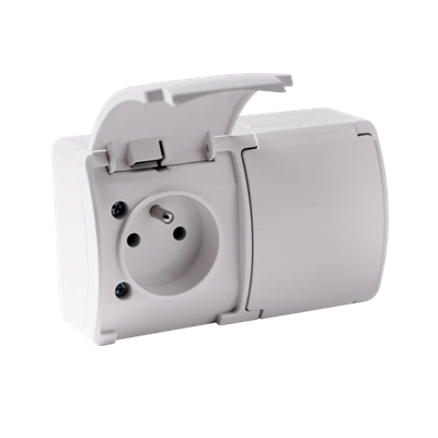 Double socket outlet with earthing (2x2P+E) n/t IP44 white with a white flap, Koala