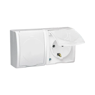 Double socket outlet with earthing Schuko, splash-proof IP54, with shutters for current paths, white