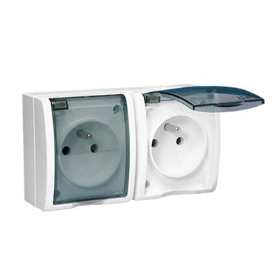 Double socket-outlet with earthing, splash-proof IP54, transparent flap 16A, 230V, screw terminals, white