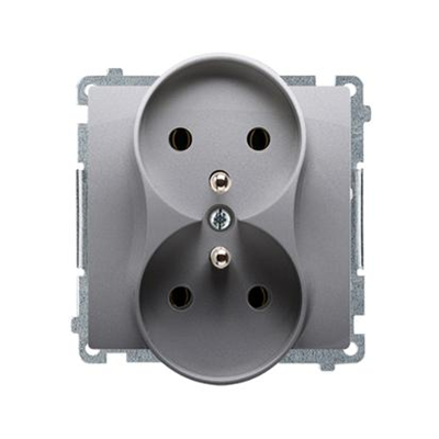 Double socket-outlet with grounding (module), with shutters for current paths, 16A, 230V, screw terminals, inox (metallic)