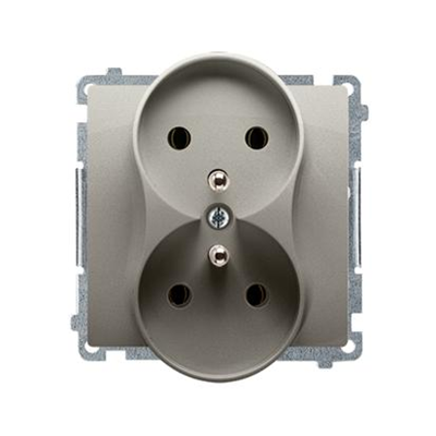 Double socket outlet with grounding (module), with shutters for current paths, 16A, 230V, screw terminals, satin (metallic)