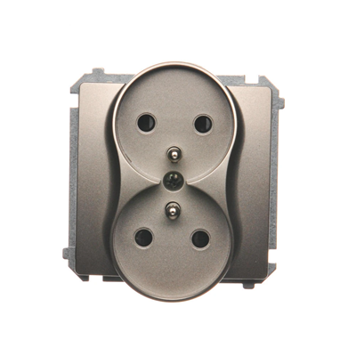 Double socket outlet with grounding (module), with shutters for current paths, 16A, 230V, screw terminals, satin (metallic)