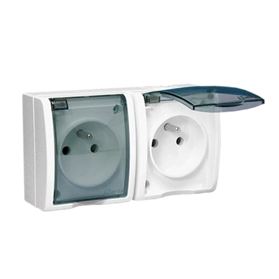 Double socket-outlet with grounding, splash-proof IP54, transparent flap with cover. current paths, 16A, 230V, screw terminals, white