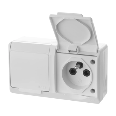 Double socket, surface-mounted, with grounding - white, IP44 HERMES