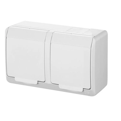 Double socket, surface-mounted, with grounding - white, IP44 HERMES