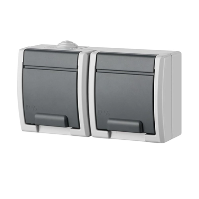 Double socket with earthing - grey, IP55 AQUANT