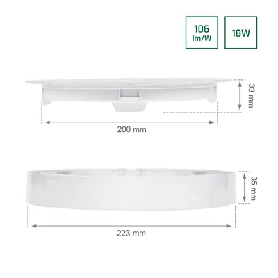 Downlight empotrable de superficie ALGINE ECO 2 en 1, 18 W, blanco, 230 V, 110°, IP20, IK06, 223 x 35 mm, blanco, redondo.