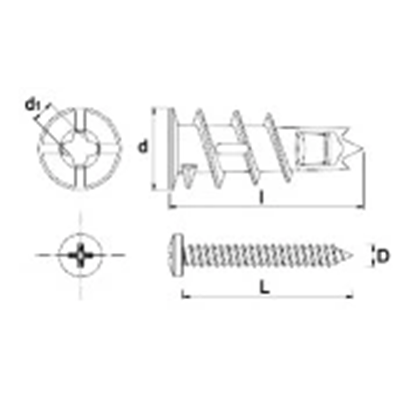 DRAM Einschraubdübel für Gipskarton 13x31mm, Metall mit Schraube 4,5x34mm, 12 Stk