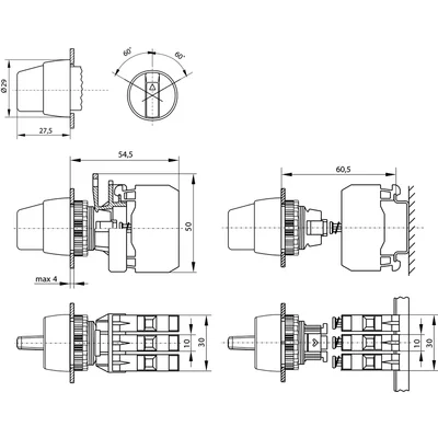 Drehschalter mit drei Positionen, weiß, 2 Schließerkontakte, beleuchtet, 24 V AC/DC, vernickelter Ring