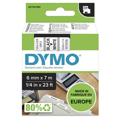 DYMO-Klebeband D1 6 mm x 7 m weiß / schwarzer Druck 43613