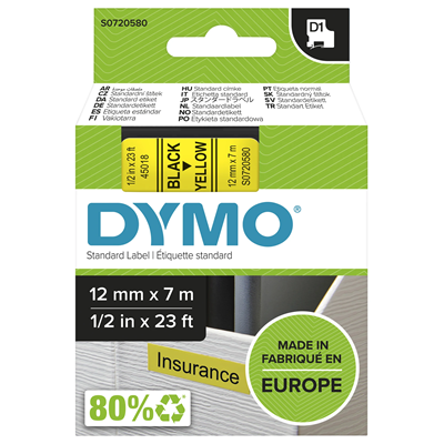 DYMO tape D1 12mm x 7m yellow / black print 45018