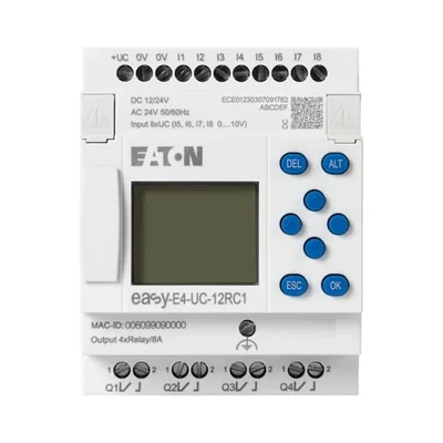 EASY-E4-UC-12RC1 easyE4 12-24 V CC, 24 V CA, 8 entrées numériques (4 entrées analogiques), 4 sorties numériques avec affichage