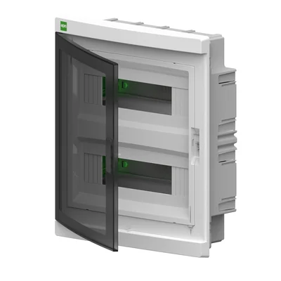 Elegante Verteilerbox 2x12 PE+N, Unterputz, neue Ausführung, Schutzart IP 40 – Rauchglas