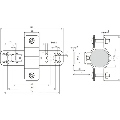 Élément de fixation pour tubes de support de 40 à 50 mm de diamètre, mural, en acier inoxydable WB D40.50 SE WA46 V2A