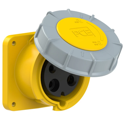 Embase droite POWER TWIST 63A 2P+T 110V 50/60Hz 4h IP66/67, bride 100X100, pas de vis 80X80,