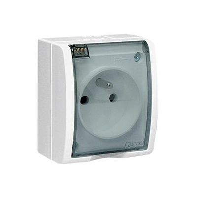 Enchufe con toma de tierra, resistente a salpicaduras IP54, tapa transparente, 230V, blanco