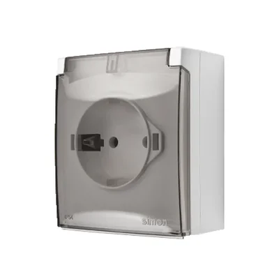 Enchufe de superficie Simon Aquaclick WA-CGSZ1Cx-xx-11Ax, Schuko, simple, tapa transparente, IP44, 16A, 250V~, bornes de tornillo; blanco