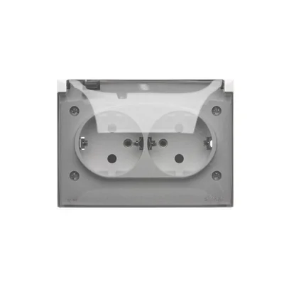 Enchufe de superficie Simon Aquaclick WA-CGSZ2xx-xx-11Ax, Schuko, doble compacto, tapa transparente, IP44, 16A, 250V~, bornes de tornillo; blanco