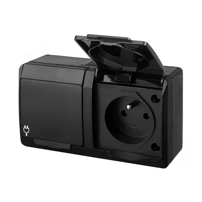 Enchufe doble de superficie HERMES con toma de tierra 2x2P+Z IP 44 - negro