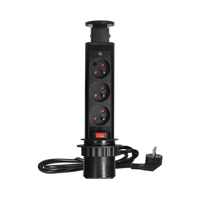 Enchufe para muebles de Ø6 cm, extensible desde la encimera, con bloqueo y cable de 1,8 m, 3x2P+Z, negro.