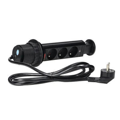 Enchufe para muebles de Ø6 cm, extensible desde la encimera, con bloqueo y cable de 1,8 m, 3x2P+Z, negro.