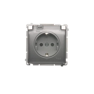 Enchufe Schuko Simon Basic WMBW-53111x-4011 para IP44 con obturadores (módulo) 16A, 250V~, terminales de tornillo; plata mate. Tapa transparente.