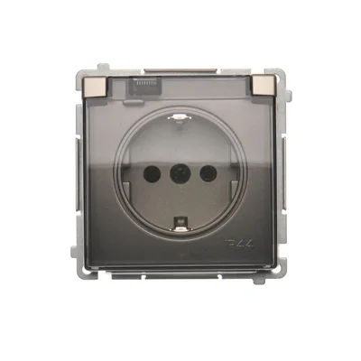 Enchufe Schuko Simon Basic WMBW-53111x-H011 para IP44 con obturadores (módulo) 16A, 250V~, terminales de tornillo; satinado. Tapa transparente.