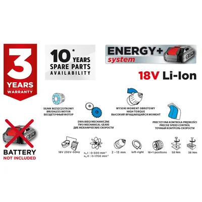 Energy+ 18V Li-Ion Brushless Cordless Drill Driver, 13mm, without battery