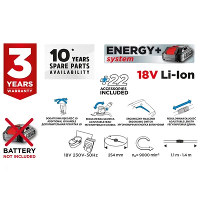 Energy+ 18V Li-Ion cordless trimmer, cutting width 254 mm, without battery