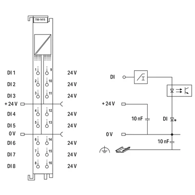 Entrée numérique 8 canaux ; 24 V CC ; 3 ms ; connexion à 2 fils